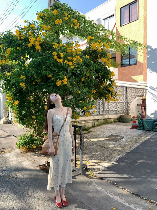 neurcz Long Floral Print Sundress for Women, Spring Style, Drawstring Waist-cinching, Slimming, A-line French Skirt