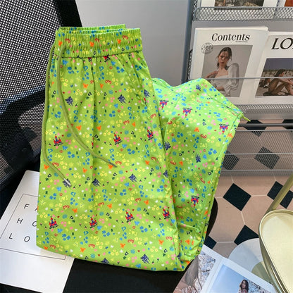 Dopamine green full print floral wide-leg trousers women's summer light lazy style casual quick-drying workwear paratrooper pants