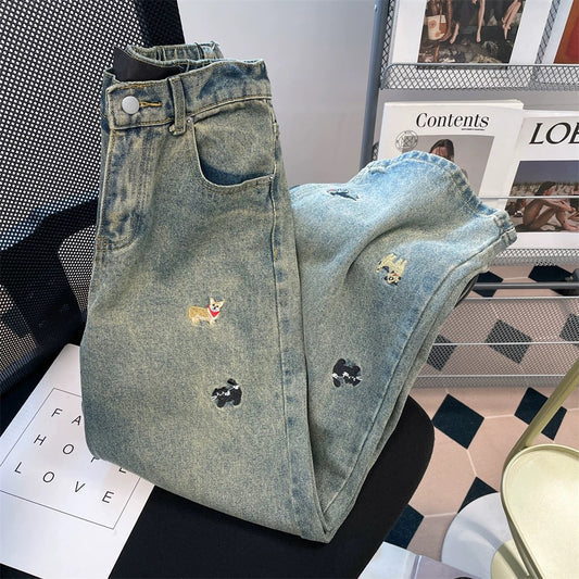 Retro American puppy embroidered narrow jeans for women spring and summer lazy and relaxed feeling high waist straight wide leg mopping pants