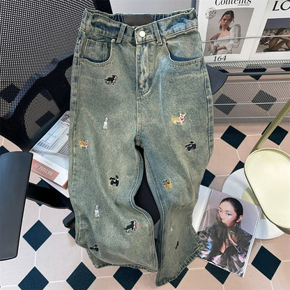 Retro American puppy embroidered narrow jeans for women spring and summer lazy and relaxed feeling high waist straight wide leg mopping pants