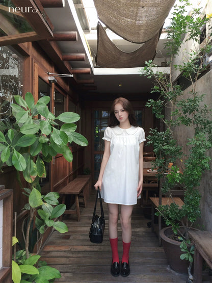 neurcz Short-sleeved Peter Pan Collar Straight Dress Women's Spring/Summer 92 Cotton Slimming Loose Puff Sleeve White Dress