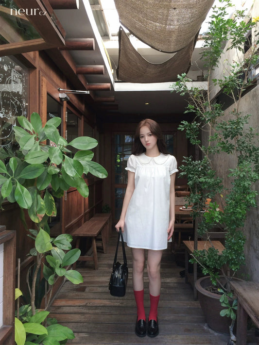 neurcz Short-sleeved Peter Pan Collar Straight Dress Women's Spring/Summer 92 Cotton Slimming Loose Puff Sleeve White Dress
