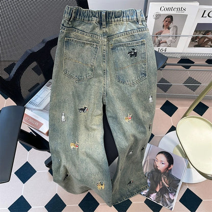 Retro American puppy embroidered narrow jeans for women spring and summer lazy and relaxed feeling high waist straight wide leg mopping pants