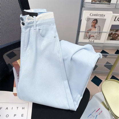 Summer light blue contrast high waist straight jeans for women salty retro lazy loose drape narrow version wide leg trousers