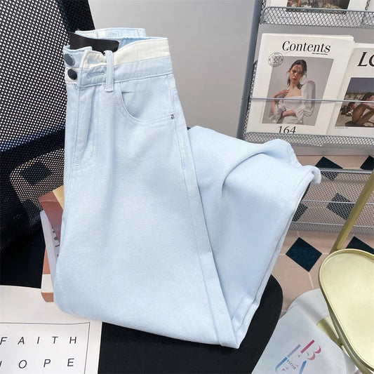 Summer light blue contrast high waist straight jeans for women salty retro lazy loose drape narrow version wide leg trousers