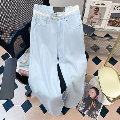 Summer light blue contrast high waist straight jeans for women salty retro lazy loose drape narrow version wide leg trousers