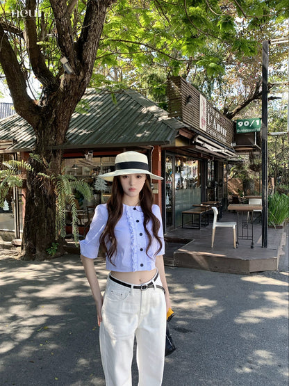 neurcz Short-sleeved striped shirt for women, spring style, with ruffled trim and a sweet round neck.