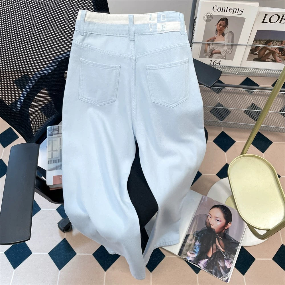 Summer light blue contrast high waist straight jeans for women salty retro lazy loose drape narrow version wide leg trousers