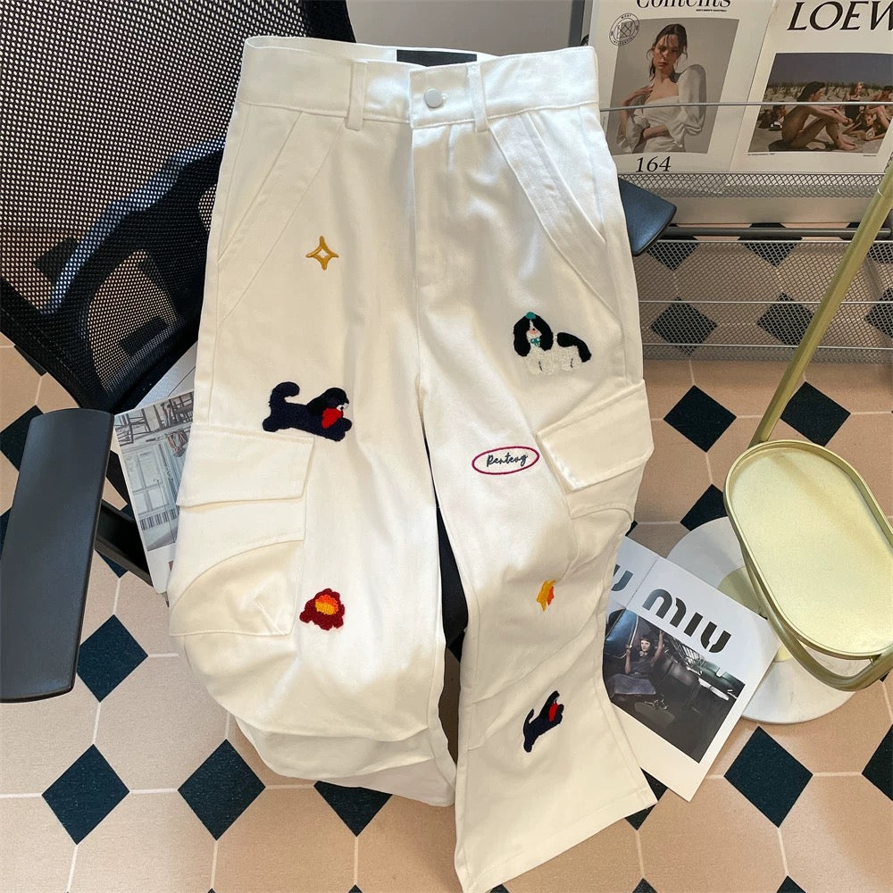 Design sense puppy embroidery white workwear jeans women's summer American loose slim straight floor-length wide-leg pants