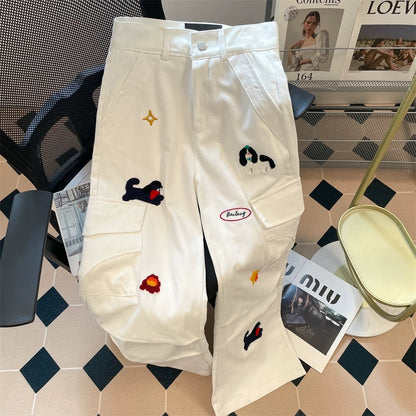 Design sense puppy embroidery white workwear jeans women's summer American loose slim straight floor-length wide-leg pants