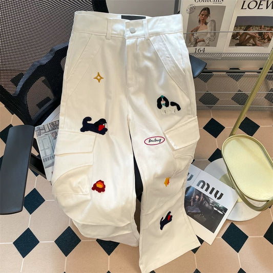 Design sense puppy embroidery white workwear jeans women's summer American loose slim straight floor-length wide-leg pants