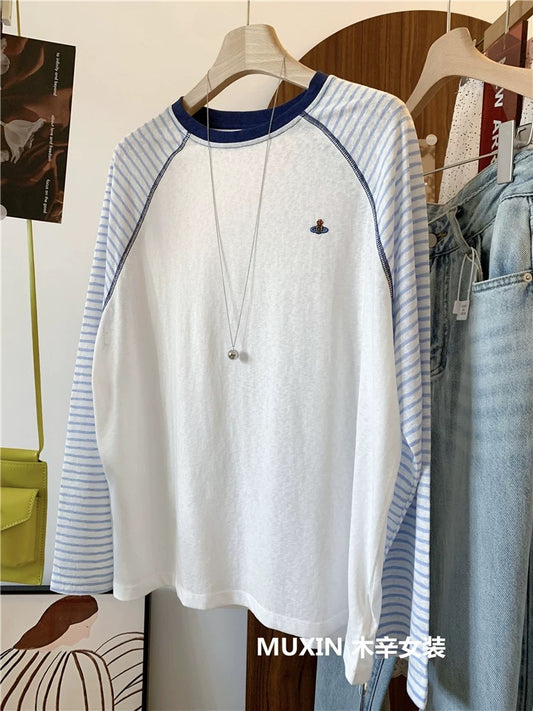 Embroidered colorful planet stripes stitching raglan sleeves summer thin refreshing striped sun protection top Korean version women's T-shirt