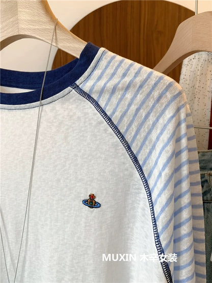 Embroidered colorful planet stripes stitching raglan sleeves summer thin refreshing striped sun protection top Korean version women's T-shirt