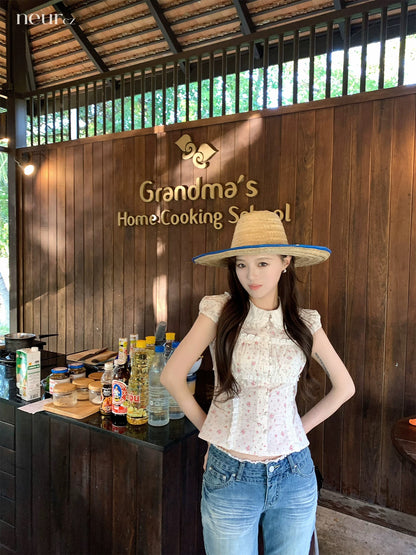 neurcz Floral Peter Pan Collar Short-Sleeve T-Shirt Women's Spring Pure Cotton Embroidered Ruffled Top Slimming