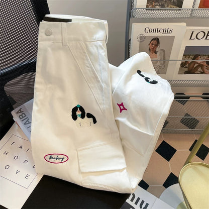 Design sense puppy embroidery white workwear jeans women's summer American loose slim straight floor-length wide-leg pants