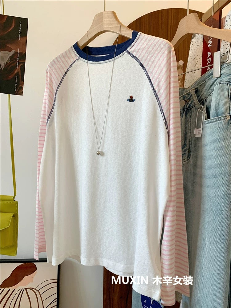 Embroidered colorful planet stripes stitching raglan sleeves summer thin refreshing striped sun protection top Korean version women's T-shirt