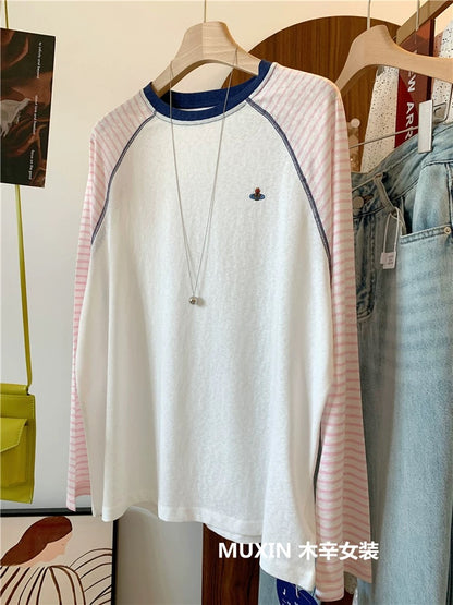 Embroidered colorful planet stripes stitching raglan sleeves summer thin refreshing striped sun protection top Korean version women's T-shirt