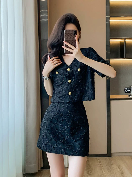 Xiaoxiangfeng black lace top skirt suit for women 2024 summer new style small high-end two-piece set