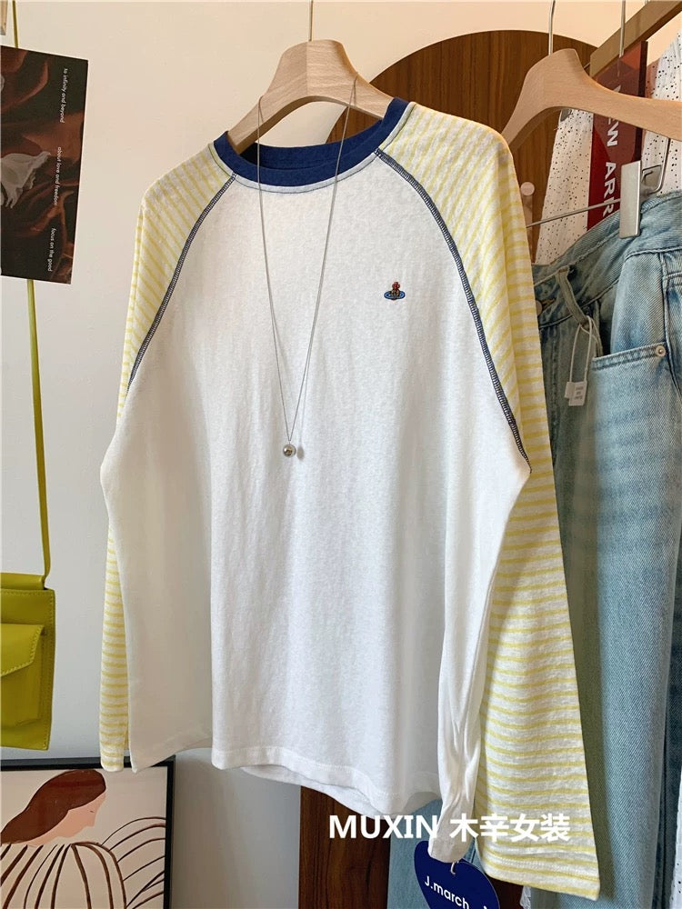 Embroidered colorful planet stripes stitching raglan sleeves summer thin refreshing striped sun protection top Korean version women's T-shirt