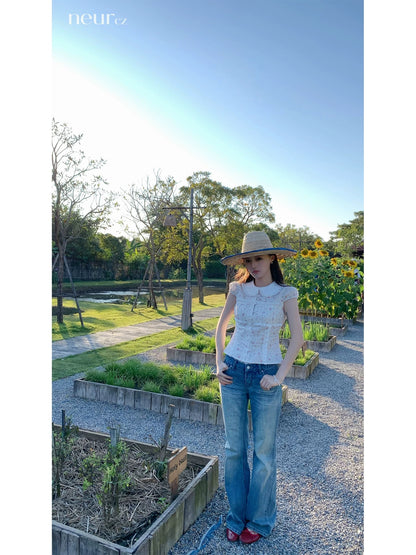 neurcz Floral Peter Pan Collar Short-Sleeve T-Shirt Women's Spring Pure Cotton Embroidered Ruffled Top Slimming