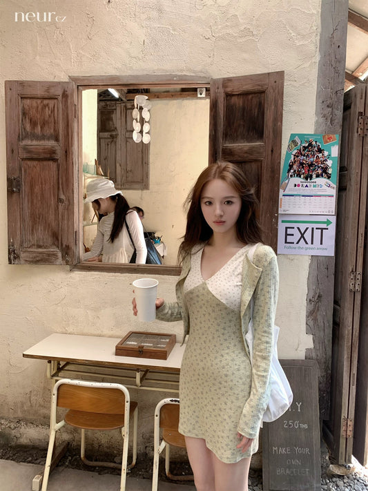 neurcz Knitted V-neck Short Color-blocked Floral Dress Women's Spring Short Cardigan Slimming Waist Two-Piece Set