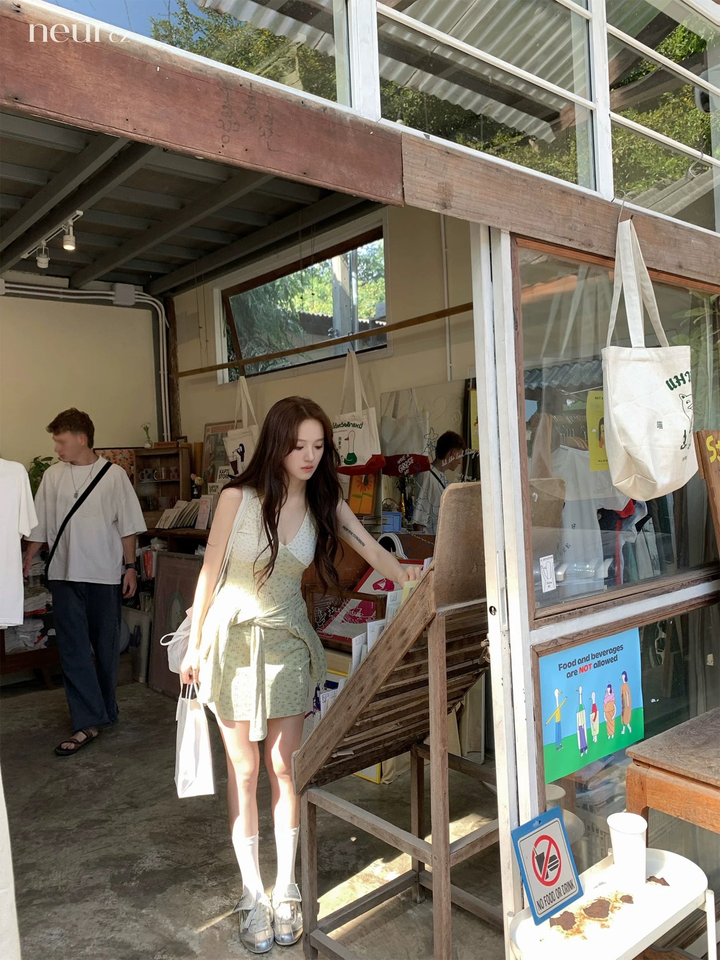 neurcz Knitted V-neck Short Color-blocked Floral Dress Women's Spring Short Cardigan Slimming Waist Two-Piece Set