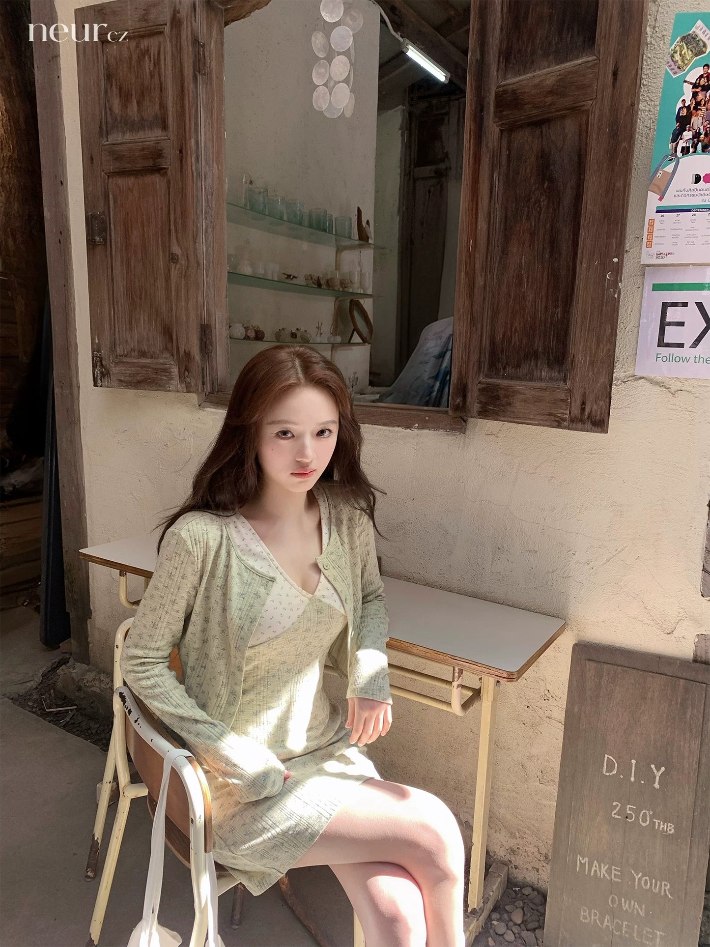 neurcz Knitted V-neck Short Color-blocked Floral Dress Women's Spring Short Cardigan Slimming Waist Two-Piece Set