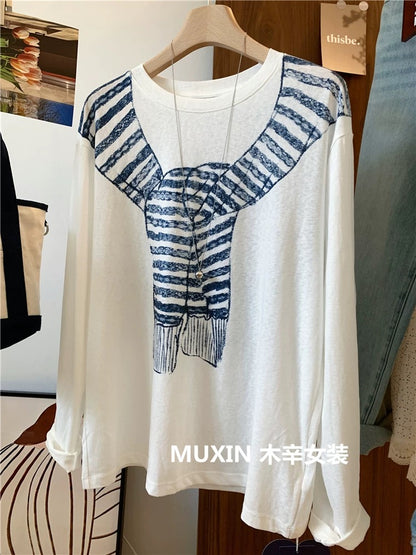 Shawl print loose casual fashion long-sleeved sun protection blouse women's loose casual snowflake cotton T-shirt thin section