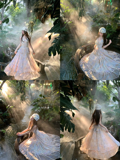 [Q Women's New Arrivals 5% Off] Butterfly Garden Party/Ethereal Vacation Style Butterfly Floral Print Long Dress with Halter Neck