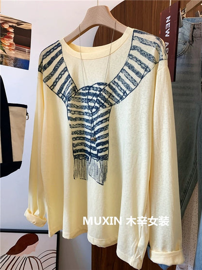 Shawl print loose casual fashion long-sleeved sun protection blouse women's loose casual snowflake cotton T-shirt thin section