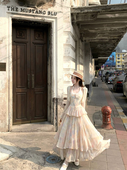 [Q Women's New Arrivals 5% Off] Butterfly Garden Party/Ethereal Vacation Style Butterfly Floral Print Long Dress with Halter Neck