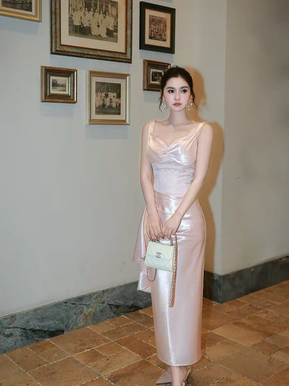 Good Job! [Rella's Skirt] French Satin Jacquard Pink Spaghetti Strap Dress, Women's Bodycon Skirt Evening Dress