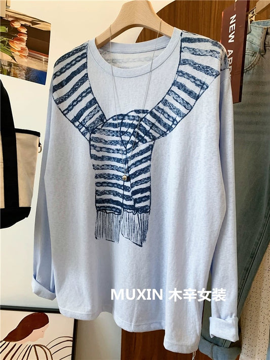 Shawl print loose casual fashion long-sleeved sun protection blouse women's loose casual snowflake cotton T-shirt thin section
