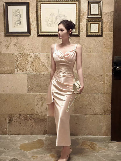 Good Job! [Rella's Skirt] French Satin Jacquard Pink Spaghetti Strap Dress, Women's Bodycon Skirt Evening Dress