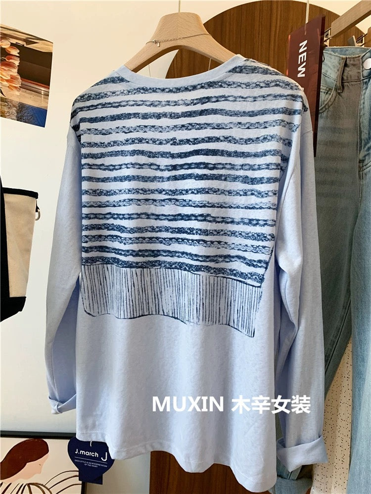 Shawl print loose casual fashion long-sleeved sun protection blouse women's loose casual snowflake cotton T-shirt thin section