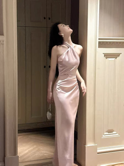 Good Job! 【Exquisite Style】French Satin Pink Halter Neck Dress, Elegant Waist-Slimming Bodycon Skirt