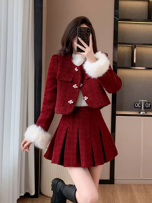 Down jacket red small fragrant style suit skirt winter hot style New Year's high-end new Chinese style improved cheongsam two-piece set