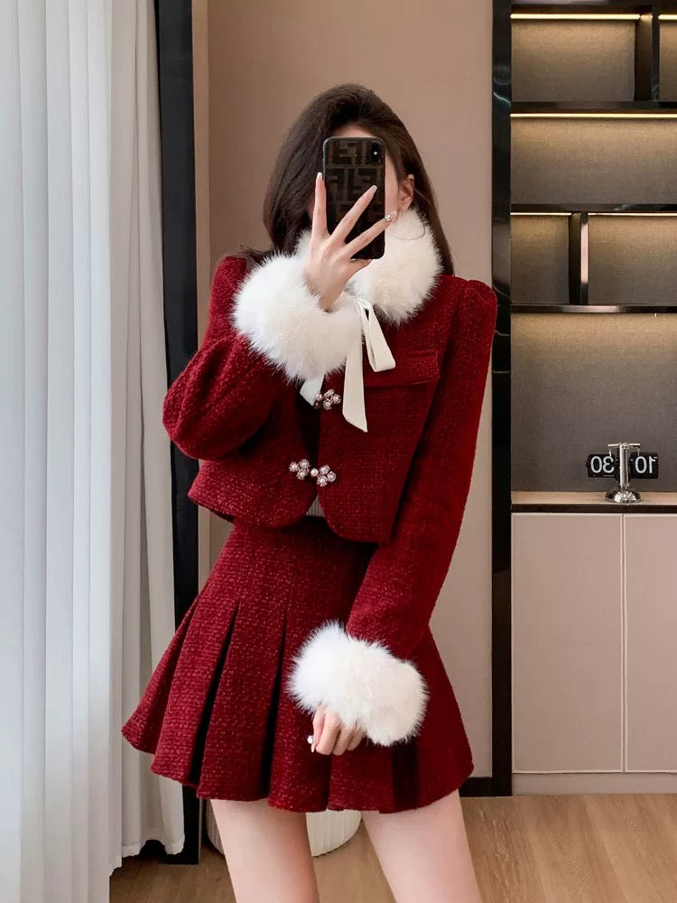 Down jacket red small fragrant style suit skirt winter hot style New Year's high-end new Chinese style improved cheongsam two-piece set
