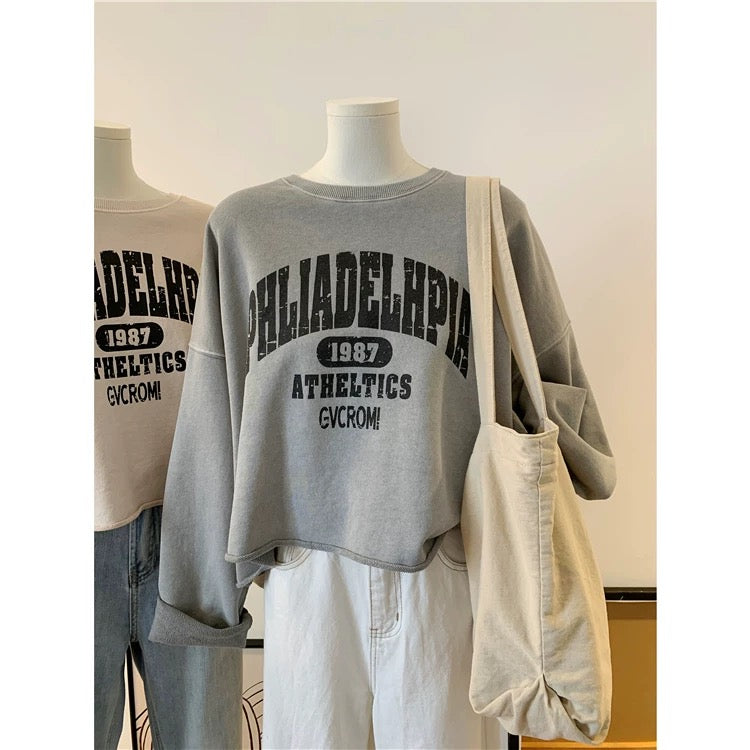 Quality retro letter print washed cotton terry loose short spring and autumn Korean Dongdaemun women's sweatshirt