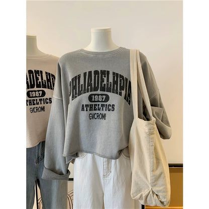 Quality retro letter print washed cotton terry loose short spring and autumn Korean Dongdaemun women's sweatshirt