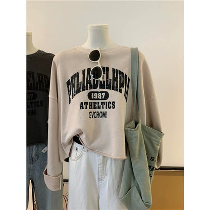 Quality retro letter print washed cotton terry loose short spring and autumn Korean Dongdaemun women's sweatshirt
