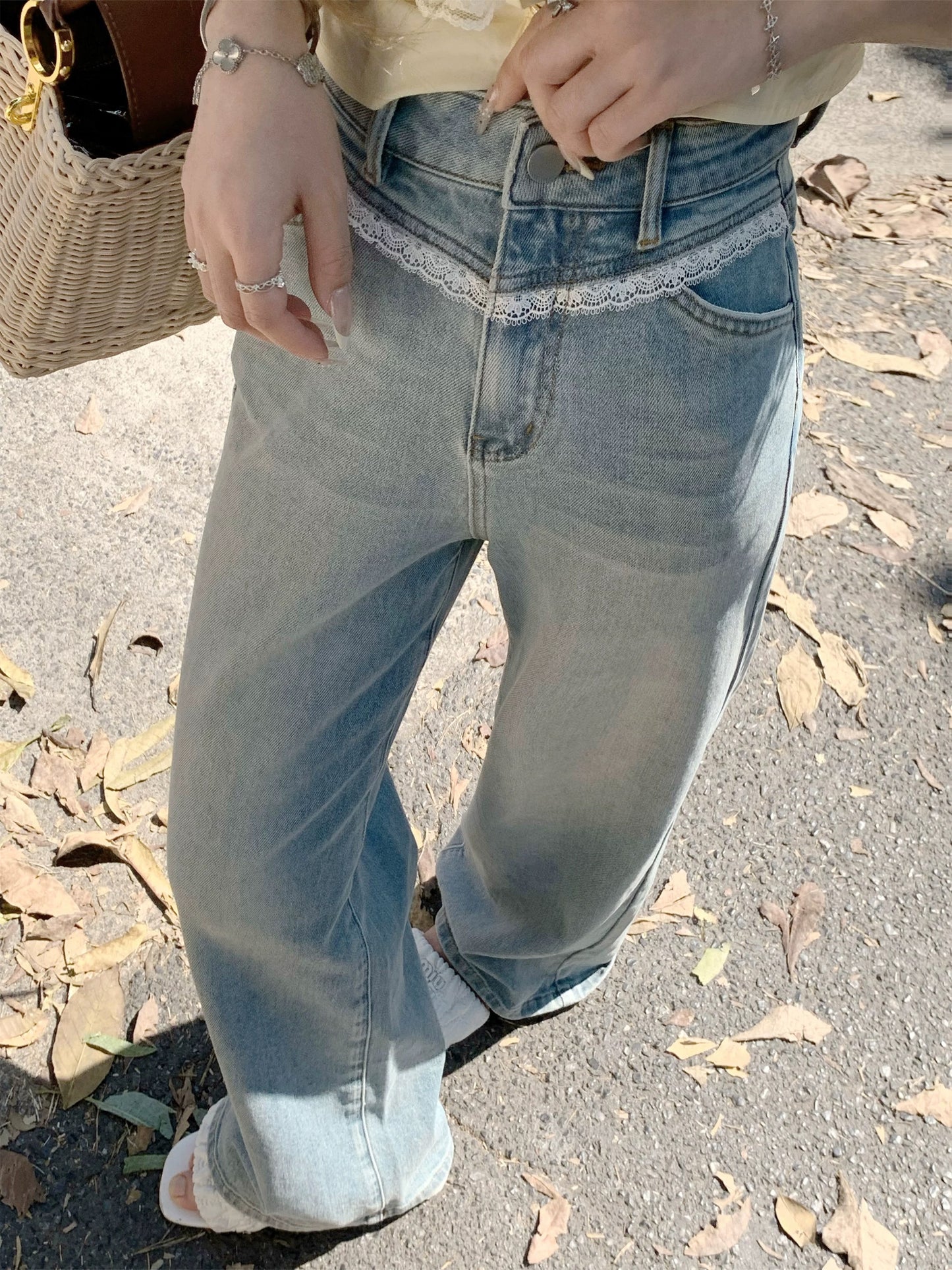 [Q Women's Home New Arrivals 95% Off] Denim Kendall Jeans / Spring Cotton Feel Blue Washed Lace Straight Leg Casual Pants