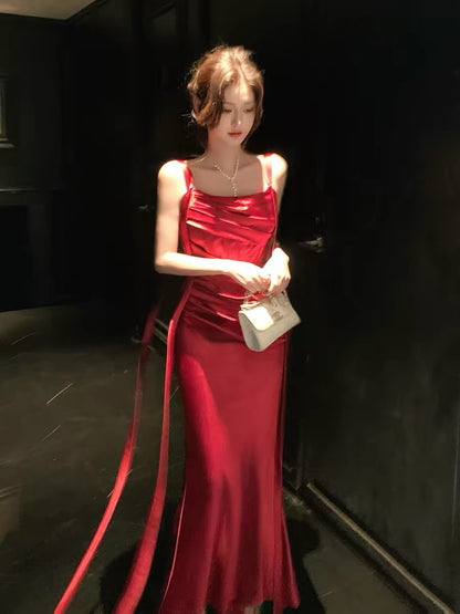 Good Job: 【La Vie en Rose】French Red Satin Slip Dress, Mermaid Style, Summer Evening Dress