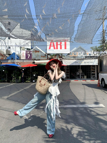 [Q Women's Home New Arrivals 95% Off] Denim Kendall Jeans / Spring Cotton Feel Blue Washed Lace Straight Leg Casual Pants