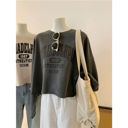 Quality retro letter print washed cotton terry loose short spring and autumn Korean Dongdaemun women's sweatshirt