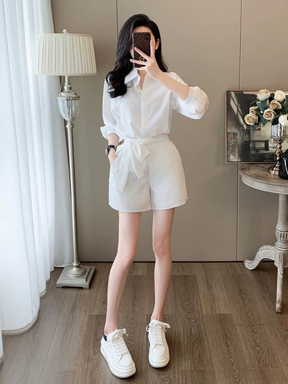 White shirt shorts suit 2024 new commuter women's spring and summer high fashion loose casual three-piece set