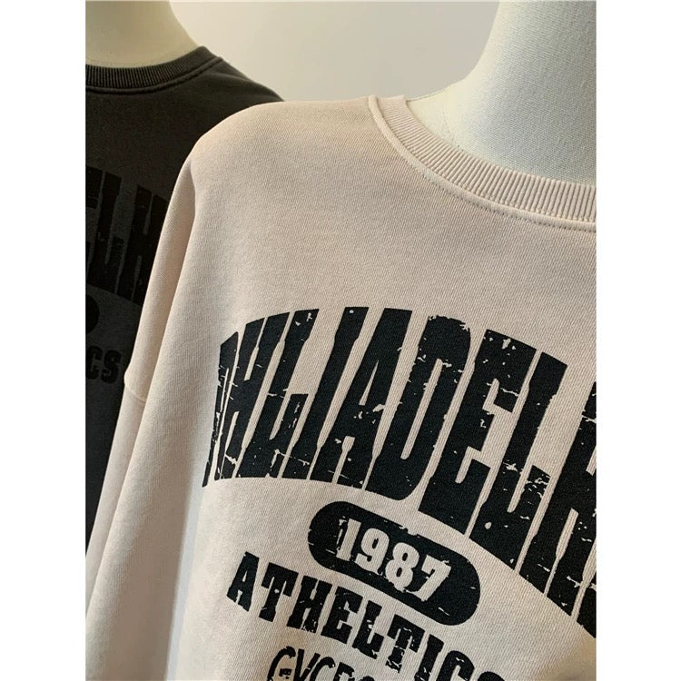 Quality retro letter print washed cotton terry loose short spring and autumn Korean Dongdaemun women's sweatshirt