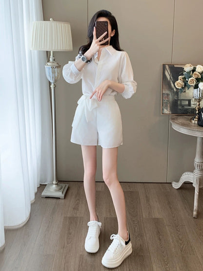 White shirt shorts suit 2024 new commuter women's spring and summer high fashion loose casual three-piece set
