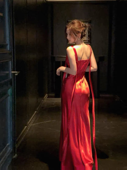 Good Job: 【La Vie en Rose】French Red Satin Slip Dress, Mermaid Style, Summer Evening Dress