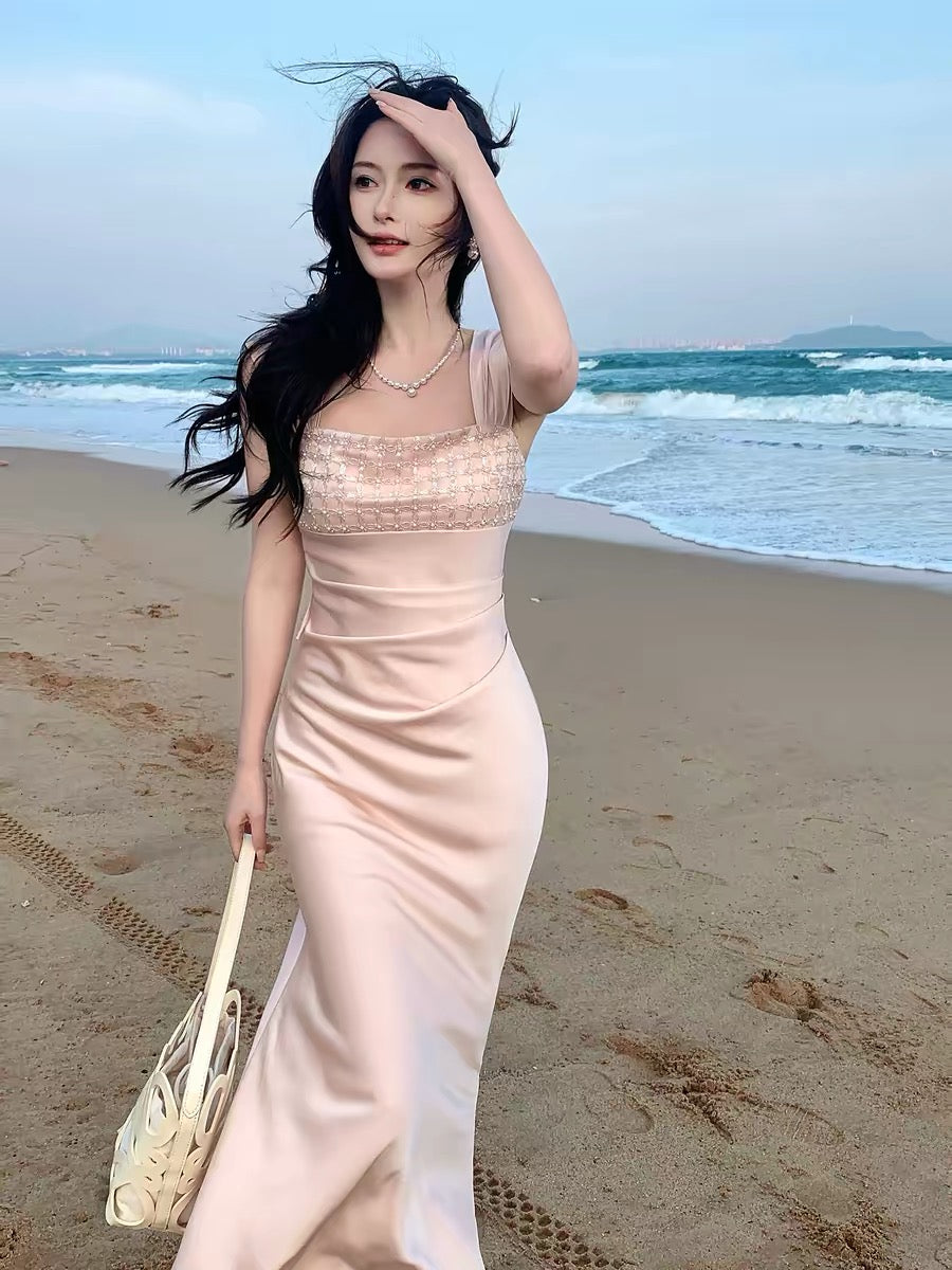 Good Job! 【Crumbled Starlight】French-style Pink High-End Beaded Dress, Elegant Spaghetti Strap Gown